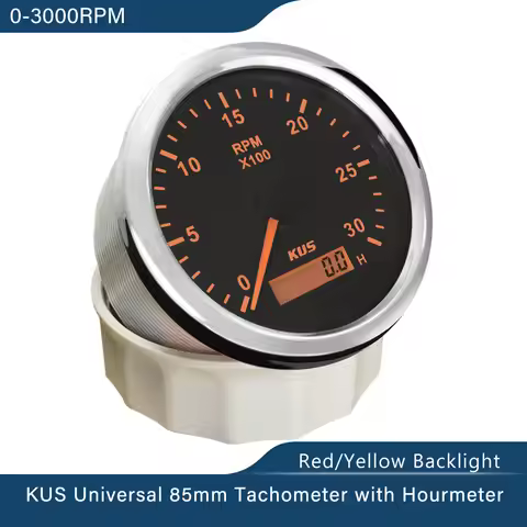 KUS 85mm Tachometer RPM Gauge REV Meter With Hour Meter 3000 RPM 4000 RPM 6000 RPM 8000RPM 12V 24V W