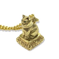 Vintage Pinchbeck Cat Wax Seal / Brass Handle Stamp Letter Fob Pendant + Chain