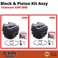 Black Cylinder Block&Piston Kit Assy (45/45.2/43mm)Chainsaw 18" 20" 22"461 3800 4500  5200 5800 8800