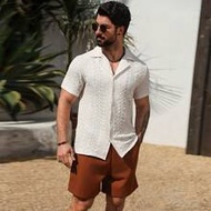 Men's Vacation Casual White Hollow Out Knitted Short Sleeve Shirt And Shorts Set,Crochet Summer Reso
