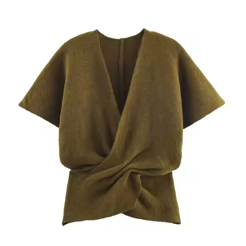 Women Olive Green Twist-Front V-Neck Short-Sleeve Knit Top Soft Textured Casual Blouse