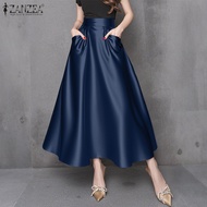 ZANZEA เอวสูงกระโปรงปาร์ตี้ทึบทรงเอไลน์จีบกระเป๋าด้านข้าง Midi OL Overskirts #0630