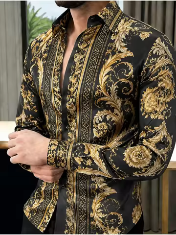New rice white background gold blue Baroque vertical 3D printed shirt for men's slim fit long sleeve