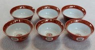 瓷碗.飯碗.小碗.湯碗~大同磁器~壽字~珊瑚紅~紅四角印~福壽無疆~口徑約9.6cm~6個合售