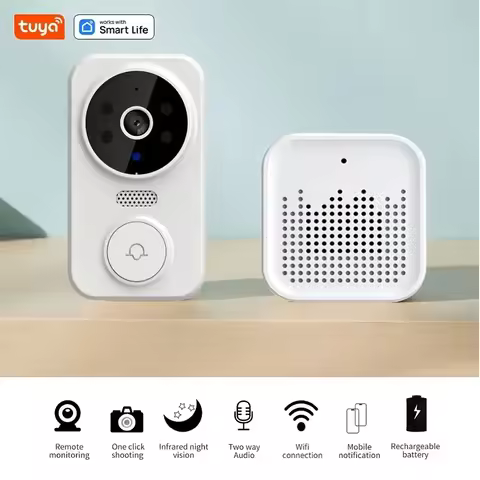 Tuya WiFi Video Doorbell Home WiFi Wireless Doorbell Rechargeable Battery Powered Color Night Vision