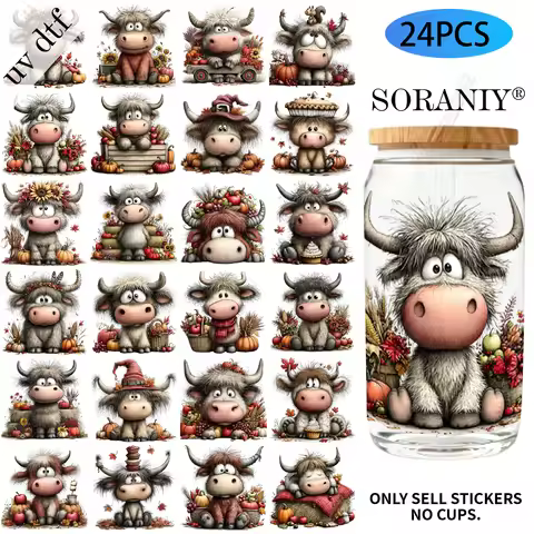 24PCS/Set Fall Highland Cow Themed UV DTF DIY 16OZ Transfer Stickers Water Bottles Glass Bottles Lap