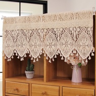 American Country Crochet Hollow Short Curtains Bohemian Style Tassels Valance Curtains Kitchen Small Window Rod Pocket Top Half Curtain Cabinet Transparent Sheer Drapes