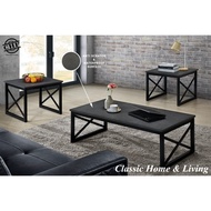 CHF Luis Series (Set of 2) Coffee Table+Side Table With Powder Coated Frame & Metal Leg - Blk+D.Grey