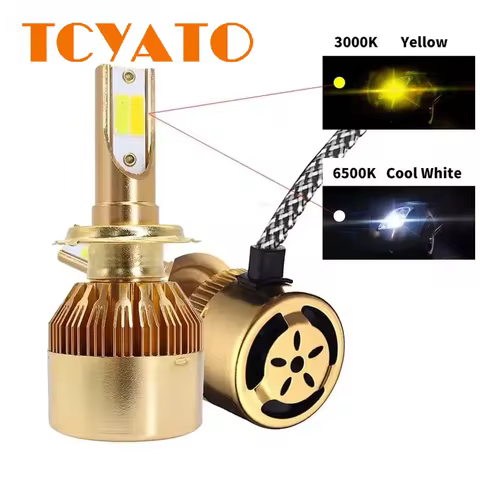 TCYATO 2Pcs Dual Color Yellow and White Car LED Headlights H1 H7 H11 H4 High and Low Beam Integrated