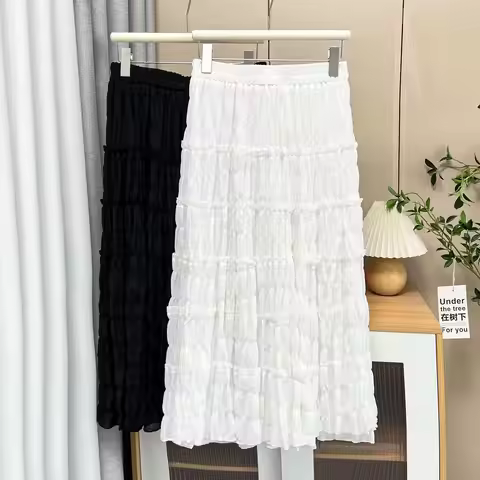 100kg Summer Long Skirts New Temperament Elastic Waist Plus Size Women Leisure Fairy Cake Skirt 8408