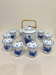 現貨全新 早期大同窯 青花彩藍玫瑰茶具組 八角 茶壺 10茶杯含蓋 限配合（郵寄、自取）