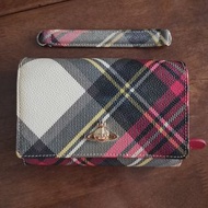 90% New 正品 VIVIENNE WESTWOOD 紅色蘇格蘭格紋 土星logo 短款 錢包 格子短夾