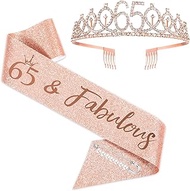 65th Birthday Sash and Tiara for Women, Rose Gold Birthday Sash Crown 65 & Fabulous Sash and Tiara f