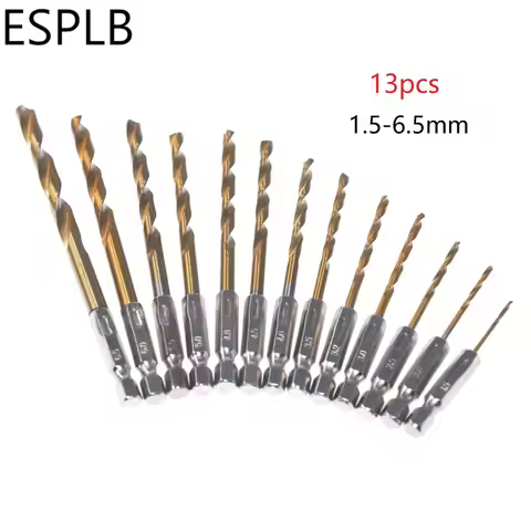 ESPLB 13pcs/Set Titanium Drill Bit 1.5-6.5mm HSS High Speed 1/4 Hex Shank Woodworking Metal Plastic 