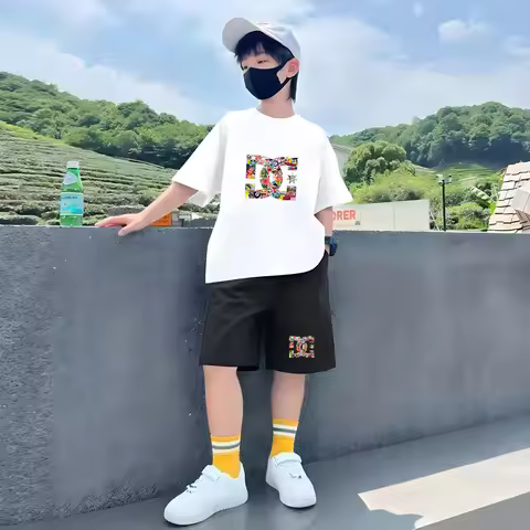 Kids Summer T-Shirt Sets Girls White Boy Black Red Casual T-Shirt+Shorts Printed Kids Outfits Teen C