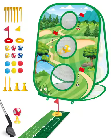 4 In 1 Kids Golf Games Set Golf Putting Practice Mat 3-Sided Golf Chipping Net with Club Kid Adults 