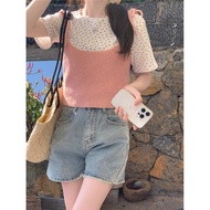 XIYUYI Mint Mambo Dressing Top hai bộ chi tiết phụ nữ 2024 mới hoa dễ thương Áo thun ngắn tay dệt k