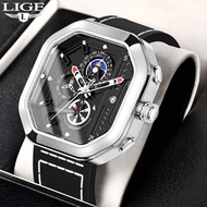 LIGE New Watch Men Waterproof Square Fashion Vintage Moon Phase Chronograph Quartz Wrist Watch For Men