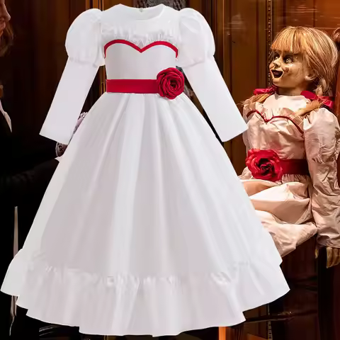 Girls The Conjuring Last Rites Annabelle Cosplay Costume Annabelle White Dress Kid Halloween Party C