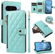 Compatible with Google Pixel 8 Pro (Color: Mint Green) Crossbody Strap Zip Wallet Leather Flip Back 