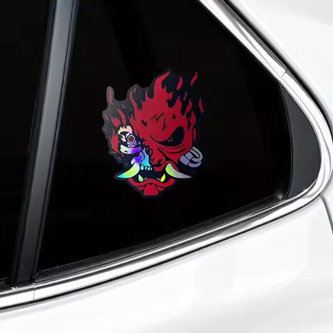 1PC Cyber Oni Samurai Waterproof Vinyl Sticker Set – 2 Styles Red/Holographic Decals for Car & Motor