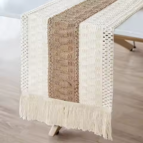 Splicing Burlap Table Runner Farmhouse Style, Boho Table Runner Modern Farmhouse Decor Rustic Woven 