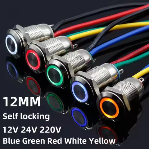 1PC Metal Button Switch 12MM with LED 12V 24V 220V locking push button Self locking waterproof illum