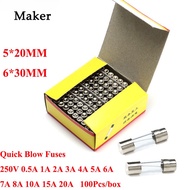 100Pcs Fast Blow Insurance Tube 5*20mm 6*30mm Glass Quick Blow Fuse 5*20 6*30 250V 0.5A 1A 2A 3A 4A 
