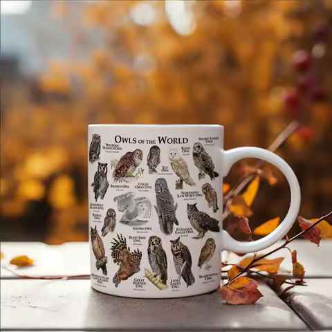World Owl Illustrated Images coffee mug 11oz ceramic office tea cup Bird Lovers Gift Cup