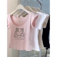 Slub Cotton Ribbed Top - Odal Shoulder, Slim-Fit Pink & White Korean Style Women's Summer T-Shirt