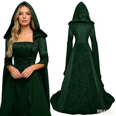 Medieval Retro Style Wedding Dress Hooded Waist Dress Cosplay Halloween Women's Hooded Robe Role Pla