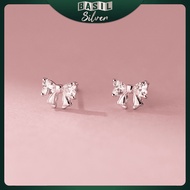 Pure S999 Sterling SILVER Women's Earrings with Bow Mixed with Stainless Black Zircon Stone - BASIL 