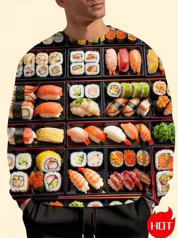 Nice Sushi 3D Printing Round Neck Sweatshirt Nigiri-zushi Graphic Pullover Men Women Vintage Hooded 