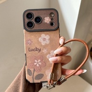 Big Window Flower Lanyard Phone Case for iPhone 17 16 15 14 Plus 11 13 12 17 pro max Retro Leather W