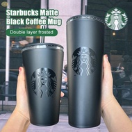 【In delivery】 ✨available✨ Starbucks Tumbler Matte Black Coffee Cup Double Layer Frosted Straw Cup Botol Air Starbucks