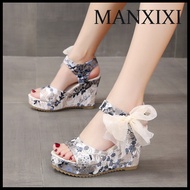 MANXIXI Fashion Women Wedge Heels 3.93 Inches Beautiful Flowers Printing Sandals (Size 35-42)