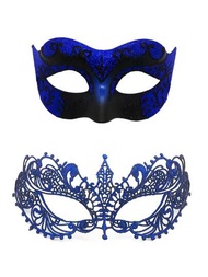 2入組藍色情侶面具套裝,閃亮花邊威尼斯派對服裝配件