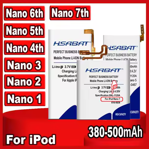 HSABAT 380mAh-500mAh Battery for iPod Nano 1 2 3 4 5 6 7 4th 5th 6th 7th 1st 2nd Generation 2 Gen 2G