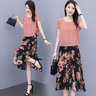 Suit Skirt Top Floral Medium Large Size M-5XL Narrow Waist Slimmer Look Chiffon One-Piece Dress Fake