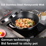 Double Ear Handhold 316 Stainless Steel Honeycomb Pan Non-Stick Wok (36CM/38CM/40CM),Suitable All Stove