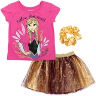 Disney Princess Moana Frozen Girls T-Shirt Tulle Mesh Skirt and Scrunchie 3 Piece Outfit Set Toddler