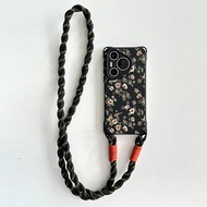 เคสโทรศัพท์แบบสะพายข้างแบบย้อนยุคสีดำ ดอกไม้ ดีไซน์พิเศษ สำหรับ Huawei P70 pro Mate60 pro Apple 17 p