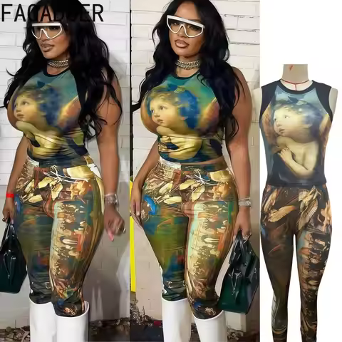 FAGADOER Fashion Print 2 Piece Sets Woman Outfit Oil Painting Sleeveless Crop Top And Pants Female S