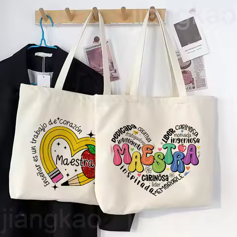 Maestra Spanish Heart Print Tote Bag Women Shoulder Bag Teacher Life Shopping Bag Teacher's Day Back