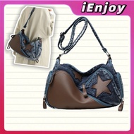 Beg biker denim + PU dengan rivet berbentuk bintang, beg bahu, beg ketiak, beg silang badan