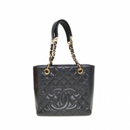 CHANEL 中古PST鏈條手提TOTE黑色荔枝牛皮14開金扣肩背包
