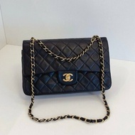 香奈兒/Chanel 墨藍色金扣中古雙蓋CF中號鏈條包