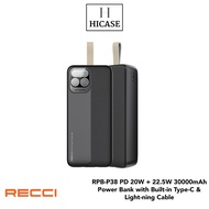 Recci RPB-P38 PD 20W + 22.5W 30000mAh Power Bank with Built-in Type-C &amp; Light-ning Cable