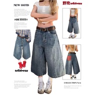 American Retro Stitching A-Line Denim 7-Point Pants 7-Point Women Cropped Jeans Wide Wide-Leg High-W