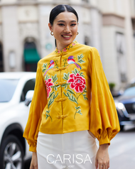 Carisa เสื้อจีน ตรุษจีน งานปักลายดอกโบตั๋น นก ดีไซน์แขนแบบพวงมะเฟืองสวยมาก เกร๋ไม่เหมือนใคร [4387]  Share  Delete